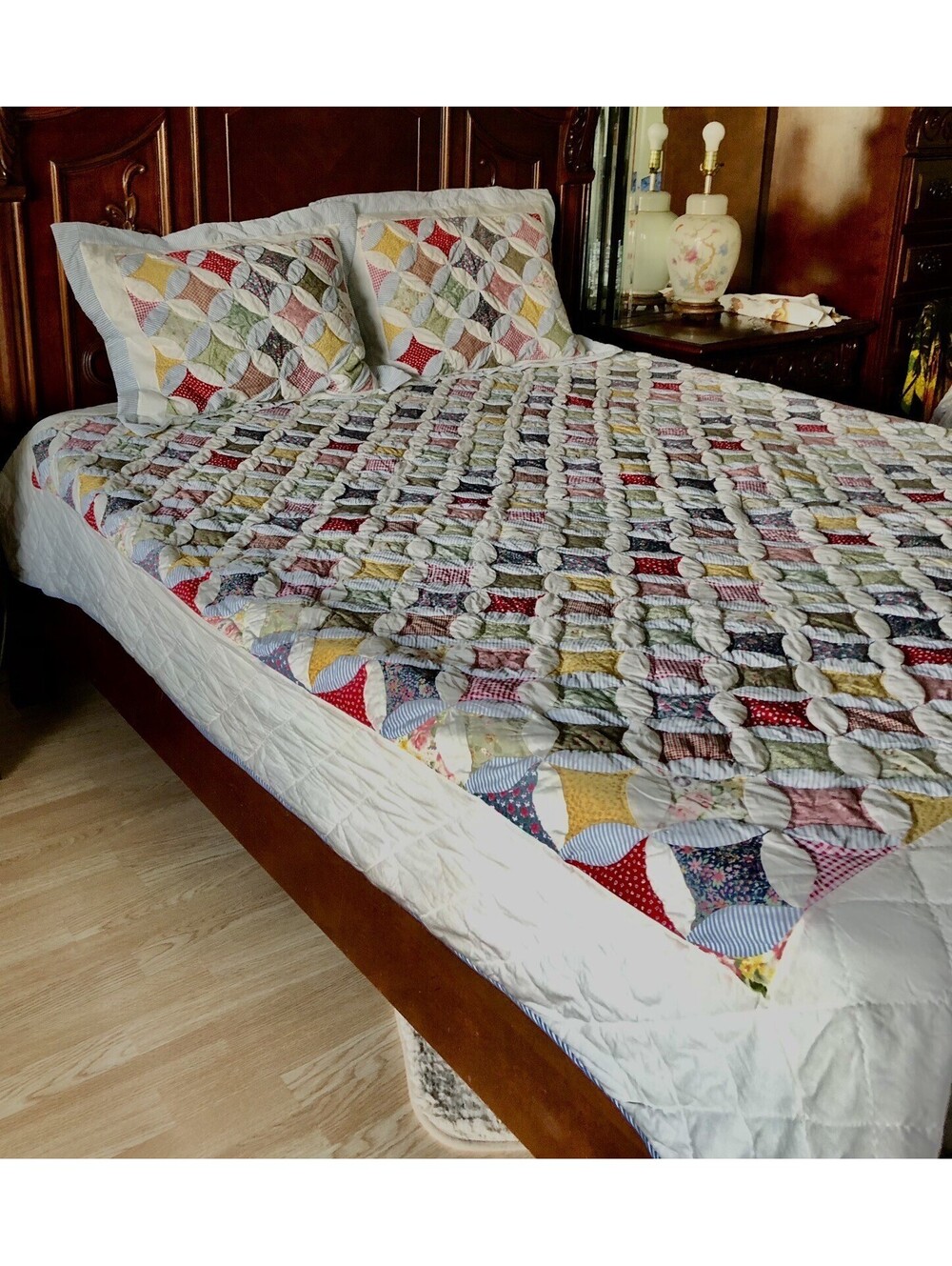 VTG Pem-America Patchwork White Multicolor Quilt 84"x86" & Pillow Shams 20"x26"